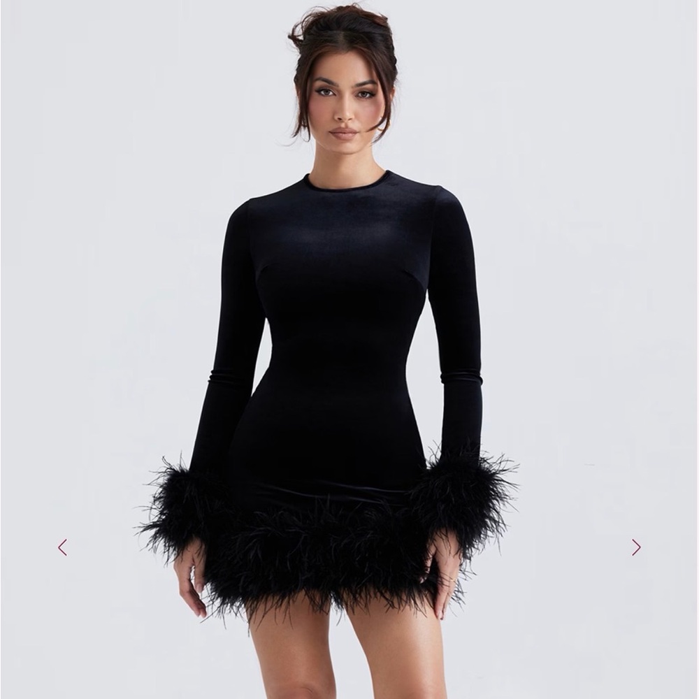 House of CB Black Long Sleeve Feather Trim Mini Dress